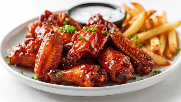 A plate of fried chicken and a side of french fries. The chicken is covered in a sauce and is sitting on a bed of greens