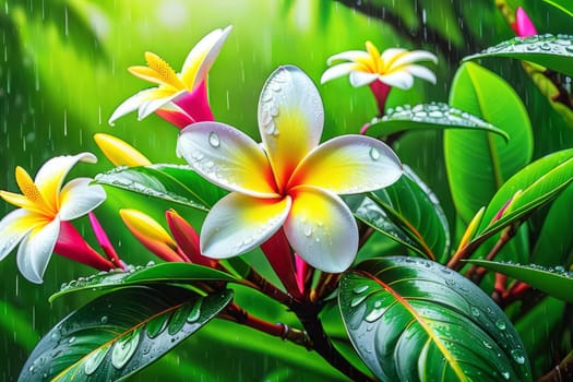 Plumeria flowers with rain drops in a lush tropical garden setting. Perfect for use in advertising, web design, backgrounds, or greeting cards to add a touch of natural beauty and tranquility.