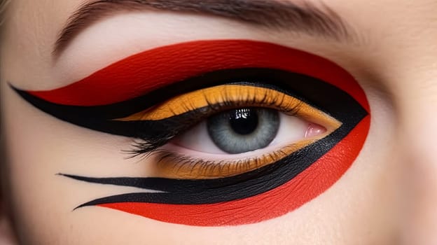 A woman's eye is painted with a colorful design. The colors are bright and bold, creating a fun and playful look. The eye makeup is likely inspired by a street art or graffiti style