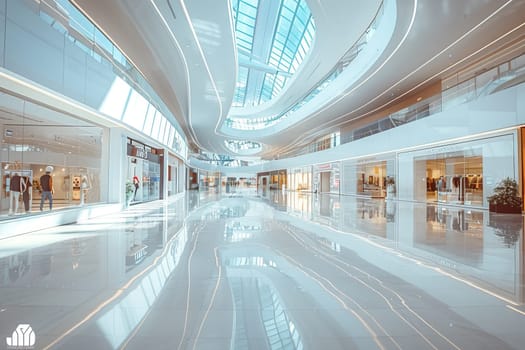 A large mall with a tree in the center and many stores. The mall is lit up and has a bright, inviting atmosphere