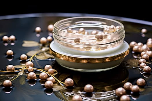 A gold-colored container filled with many white pearls, some scattered around it and others piled on top. Concept of luxury and elegance. Face cream in pearl form.