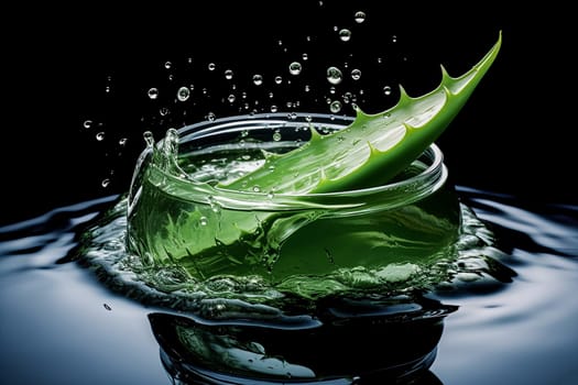 A jar of green aloe vera gel, ideal for moisturizing and caring for the skin, placed on a table next to a leaf.
