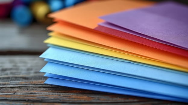 A stack of colorful envelopes on a wooden table. The envelopes are arranged in a rainbow pattern, with each envelope a different color. Concept of joy and celebration