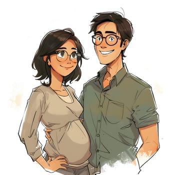 A pregnant woman and a man are sharing a smile while posing for a picture. The man has cartoon wings on his back and the womans hair falls on her sleeve. They both wear eyewear for vision care