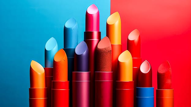 A row of colorful lipsticks are displayed on a blue background. The lipsticks are arranged in a pyramid shape, with the bottom row being the most colorful and the top row being the least colorful