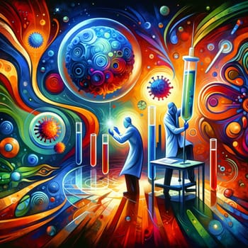 A stylized, abstract painting depicting scientists in a science lab working on a vaccine for a virus, with bold colors and exaggerated features.