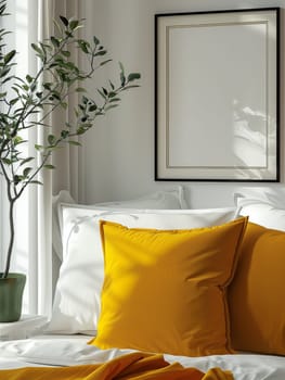 A bed with two pillows, one of which is yellow and the other is green. The bed is in a room with a white wall and a black frame. There is a potted plant in the room