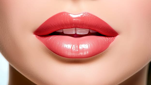 A close up of a woman's mouth with glittery pink lipstick. Concept of glamour and beauty, as the glittery pink lipstick adds a touch of sparkle and sophistication to the woman's appearance