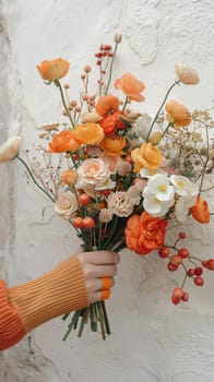 A woman is holding a bouquet of flowers, which includes roses, daisies, and sunflowers. The flowers are arranged in a vase, and the woman is wearing an orange shirt