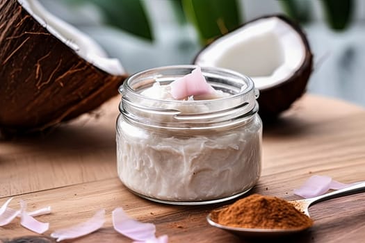 A jar of coconut milk sits on a wooden table next to a jar of coconut oil and a spoon