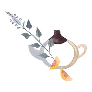 Herbal tea: glassware, teapot, cup and green plant branches, flowers and lemon. Illustration for design of packaging of tea, sweets, cosmetics. Clipart