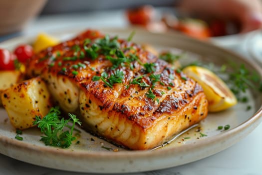 A plate of fish with parsley and lemon slices. The fish is cooked and seasoned with herbs and spices