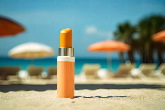A tube of lip balm is sitting on the water. The tube is orange and has a white cap. The scene is set in a pool area with umbrellas and chairs