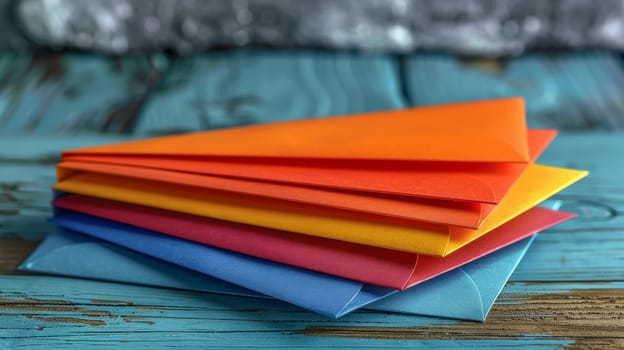 A stack of colorful envelopes on a wooden table. The envelopes are arranged in a rainbow pattern, with each envelope a different color. Concept of joy and celebration