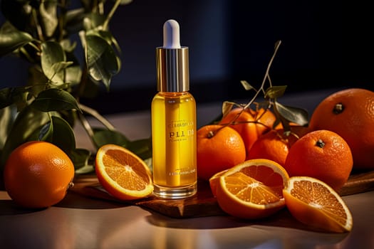 A bottle of orange face oil sits on the table surrounded by oranges, representing natural skincare.