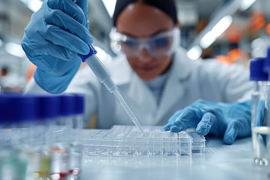 The scientist fills the microplate with a pipette in the lab for biological or chemical analysis.