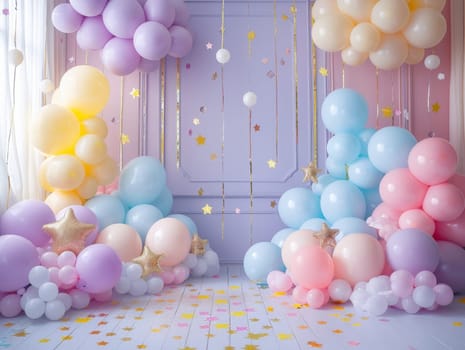 A colorful room with a rainbow arch and stars. The room is decorated with balloons and confetti