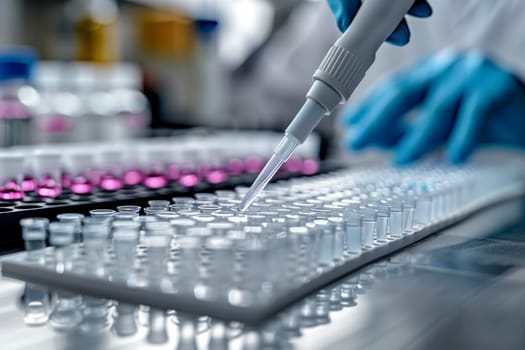 The scientist fills the microplate with a pipette in the lab for biological or chemical analysis.