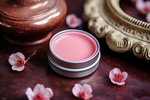 A jar of pink lip balm sits on a wooden table. There are several other jars of lip balm on the table, all of which are different colors and sizes