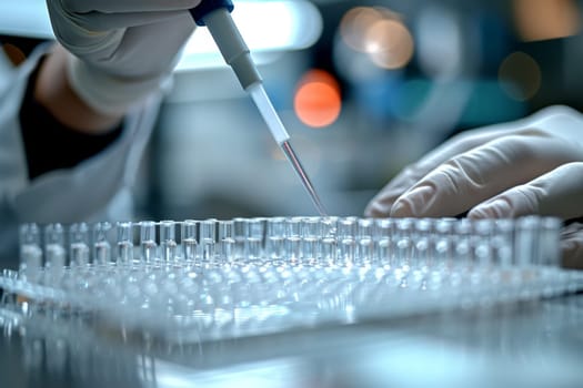 The scientist fills the microplate with a pipette in the lab for biological or chemical analysis.