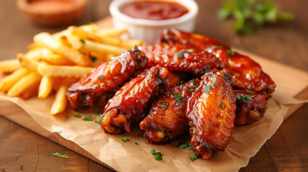 A plate of fried chicken and a side of french fries. The chicken is covered in a sauce and is sitting on a bed of greens