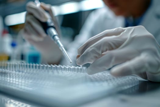 The scientist fills the microplate with a pipette in the lab for biological or chemical analysis.