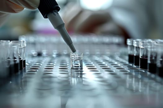 The scientist fills the microplate with a pipette in the lab for biological or chemical analysis.