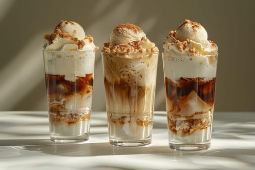 Three glasses of coffee with whipped cream on top. The glasses are arranged in a row on a table