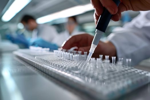 The scientist fills the microplate with a pipette in the lab for biological or chemical analysis.