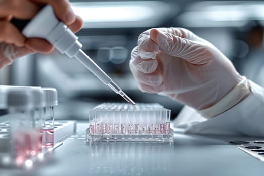 The scientist fills the microplate with a pipette in the lab for biological or chemical analysis.