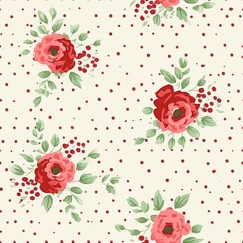 Seamless pattern, tileable Christmas holiday floral, country flowers dots print, English countryside roses for wallpaper, wrapping paper, scrapbook, fabric and product design motif