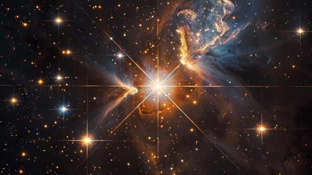 A bright blue and orange starburst in space. The bright orange star is surrounded by a blue and white swirl of stars