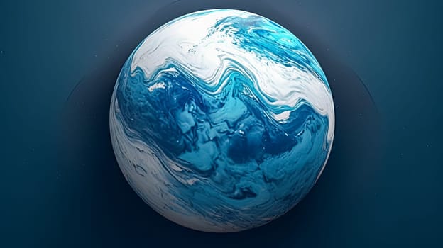 A painting of a blue planet with a yellow swirl in the background. The planet is surrounded by many small, white, round objects
