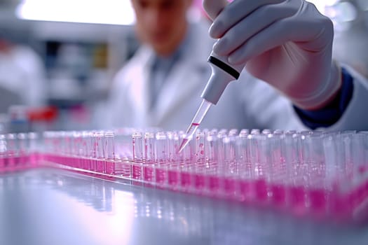 The scientist fills the microplate with a pipette in the lab for biological or chemical analysis.