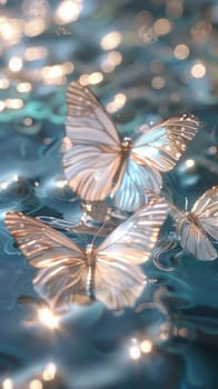 A butterfly is floating on the surface of a body of water. The water is illuminated by the light of the sun, creating a serene and peaceful atmosphere