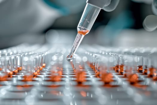 The scientist fills the microplate with a pipette in the lab for biological or chemical analysis.