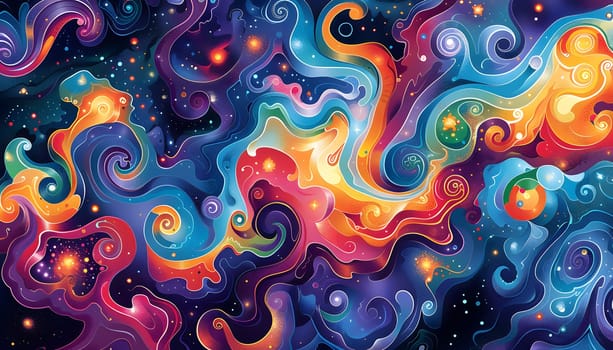 A vibrant art paint depicting a galaxy with swirls and stars in shades of purple, aqua, and magenta. The colorful textile resembles a geological phenomenon in the universe