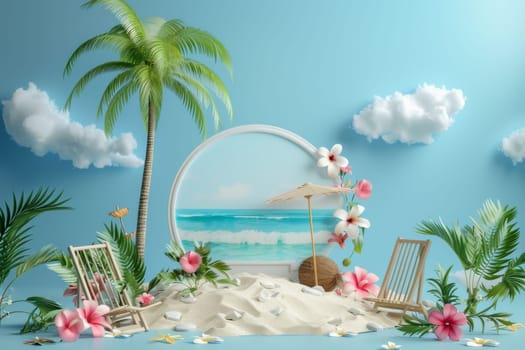 A beach scene with a red and white umbrella and a lounge chair. The scene is bright and cheerful, with lots of flowers and a clear blue sky