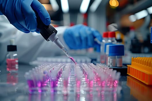 The scientist fills the microplate with a pipette in the lab for biological or chemical analysis.