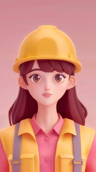 A digital illustration showcasing a young female engineer or worker character dressed in a yellow hard hat and safety vest, with a pink shirt, exuding confidence and professionalism - Generative AI