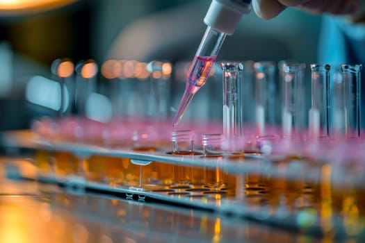 The scientist fills the microplate with a pipette in the lab for biological or chemical analysis.