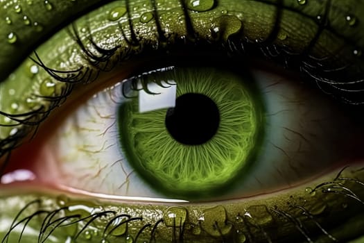 A green eye with a black pupil. The eye is surrounded by water droplets