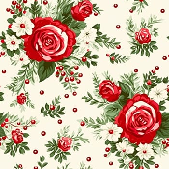 Seamless pattern, tileable Christmas holiday floral, country flowers dots print, English countryside roses for wallpaper, wrapping paper, scrapbook, fabric and product design motif