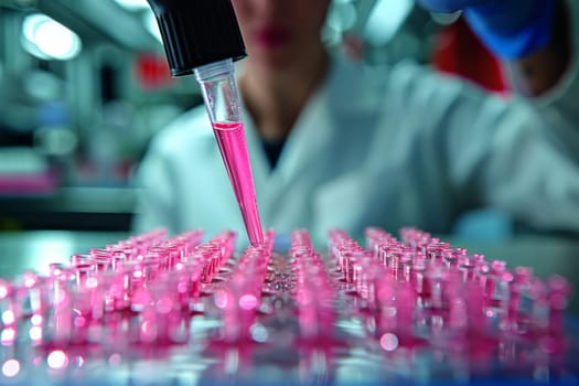 The scientist fills the microplate with a pipette in the lab for biological or chemical analysis.