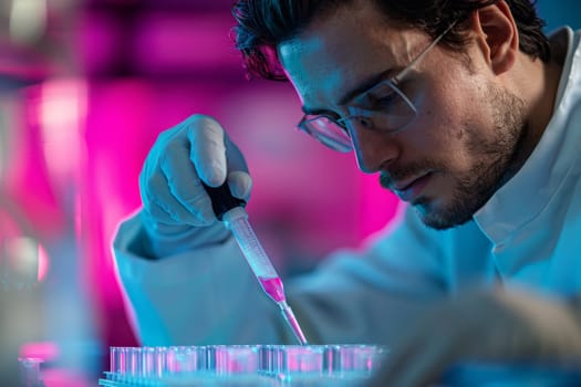 The scientist fills the microplate with a pipette in the lab for biological or chemical analysis.