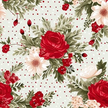 Seamless pattern, tileable Christmas holiday floral, country flowers dots print, English countryside roses for wallpaper, wrapping paper, scrapbook, fabric and product design motif