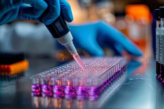 The scientist fills the microplate with a pipette in the lab for biological or chemical analysis.