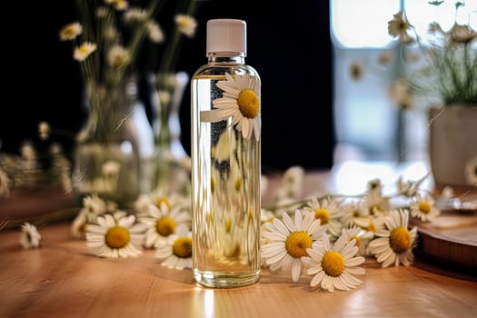 A bottle of essential oil is on a table next to a bunch of yellow flowers. The bottle is made of glass and has a cork stopper