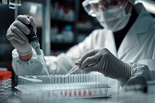 The scientist fills the microplate with a pipette in the lab for biological or chemical analysis.