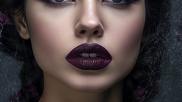 A woman's lips are painted a deep burgundy color. The lips are full and plump, giving the impression of a seductive and confident woman. Concept of glamour and allure
